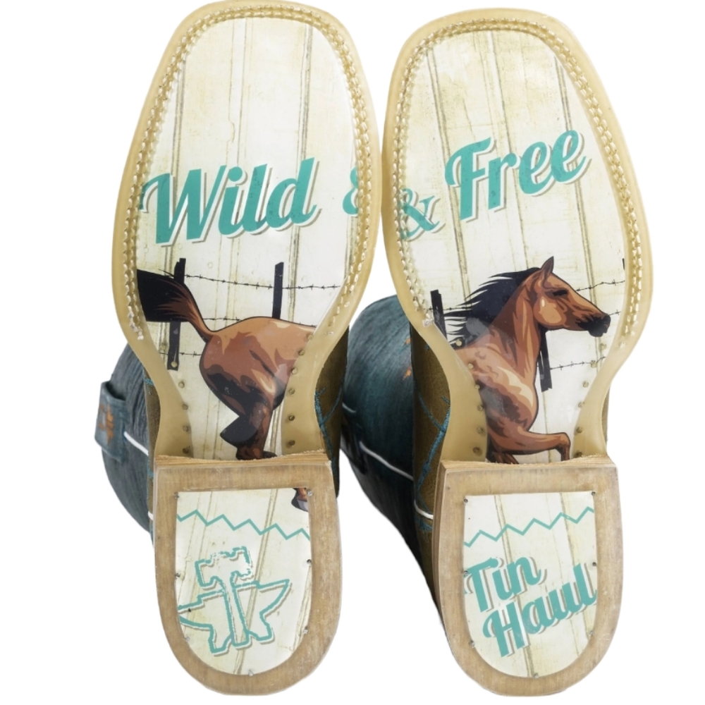 TIN HAUL "Barb'd Wire" turquoise & brown leather square toe cowgirl boots sz 7.5 - Picture 2 of 16